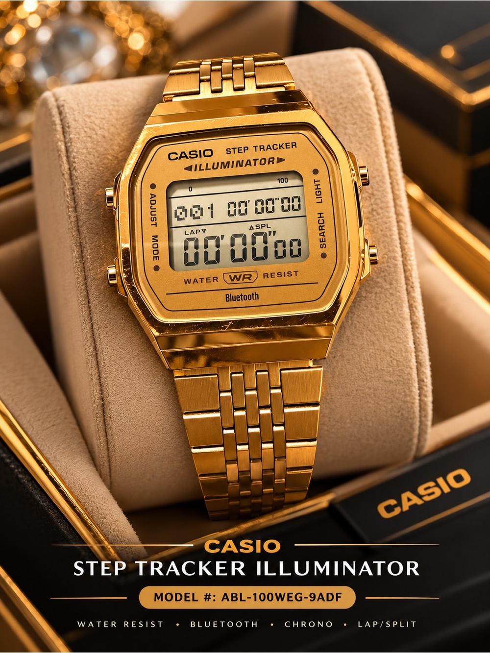 Casio Gold-tone Digital Step Tracker Illuminator Watch